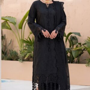 Black Embroidered Lawn Suit – Elegant 3 Piece Women Dress