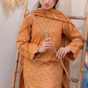 Mustard Brown Embroidered Lawn Suit for Women