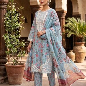 Sky Blue Floral Embroidered Lawn Suit